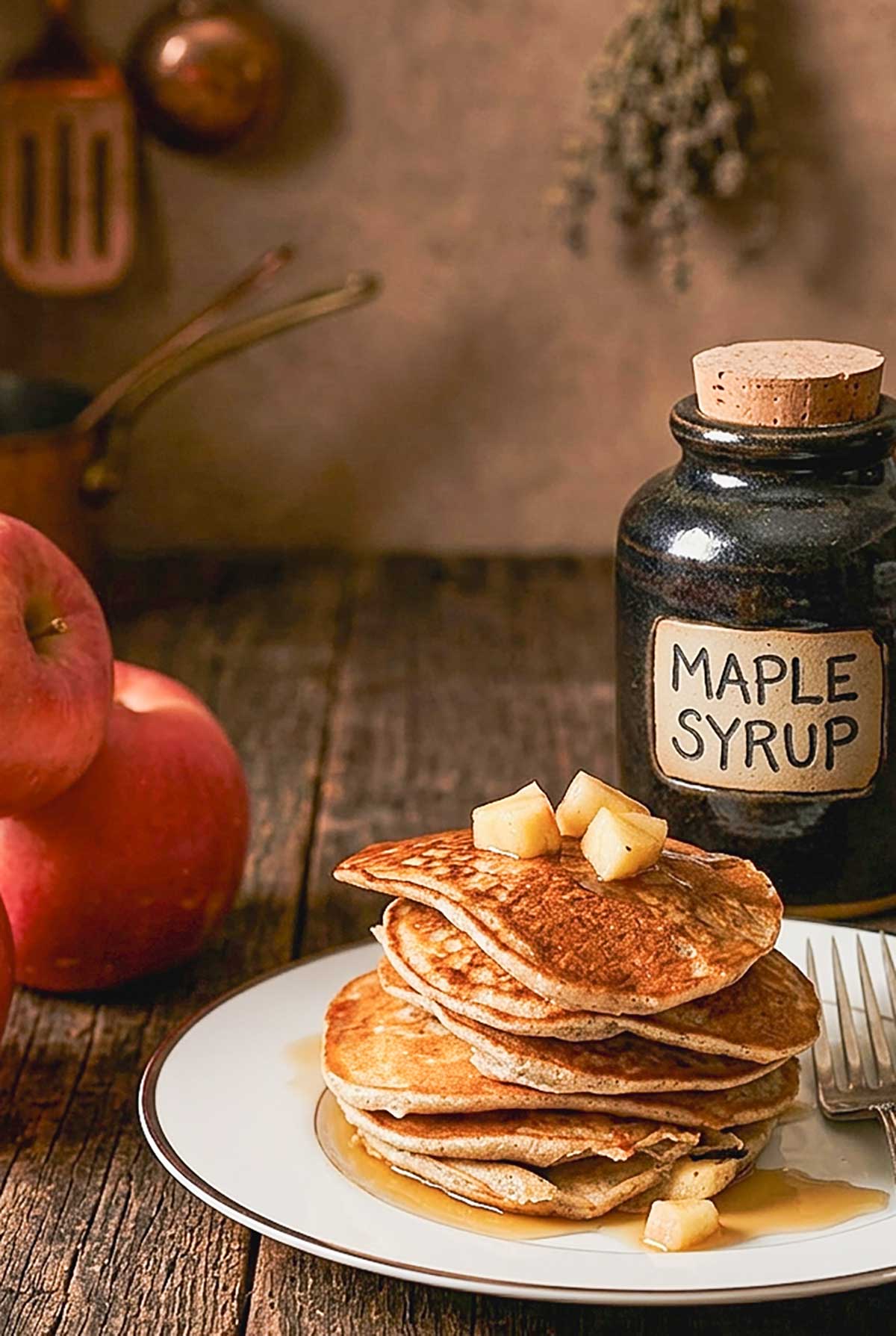 stack of rustic gluten-free buckwheat pancakes topped with cubed apples