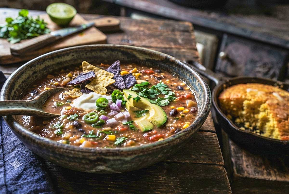 Hearty Black Bean Tortilla Soup with Corn & Lime in a bowl topped with avocado and sour cream