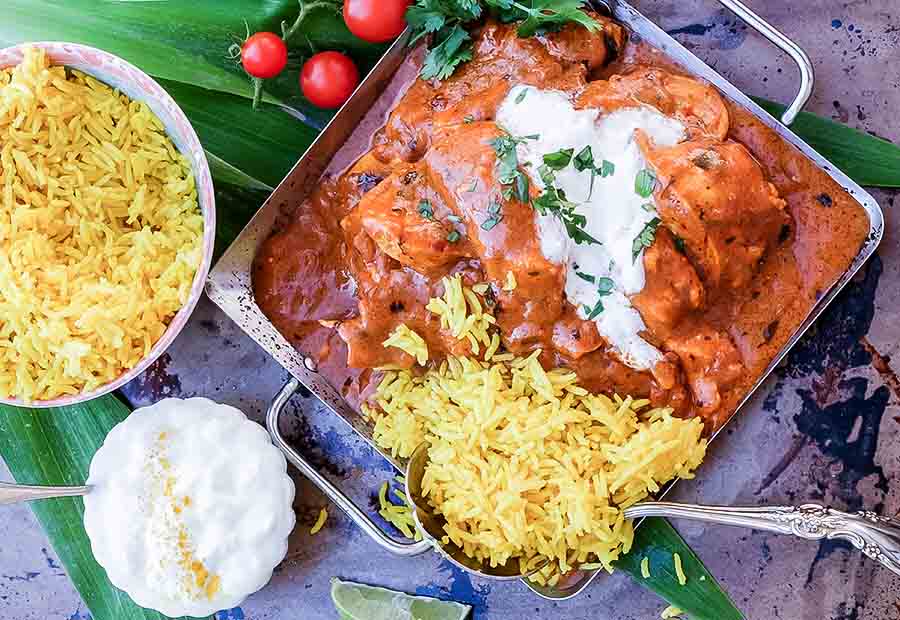 overview of low fat Indian butter chicken in a skillet