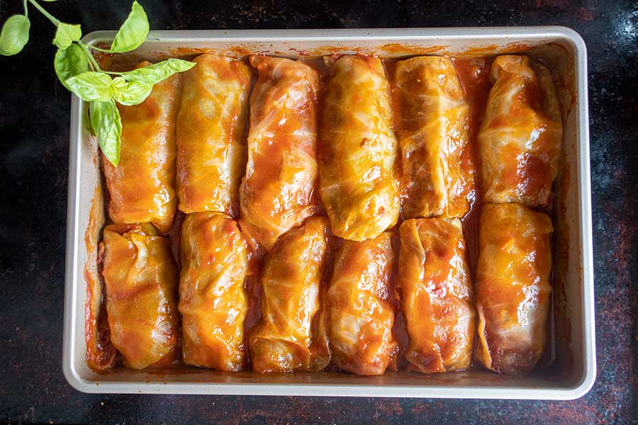 Hungarian cabbage rolls in a baking pan