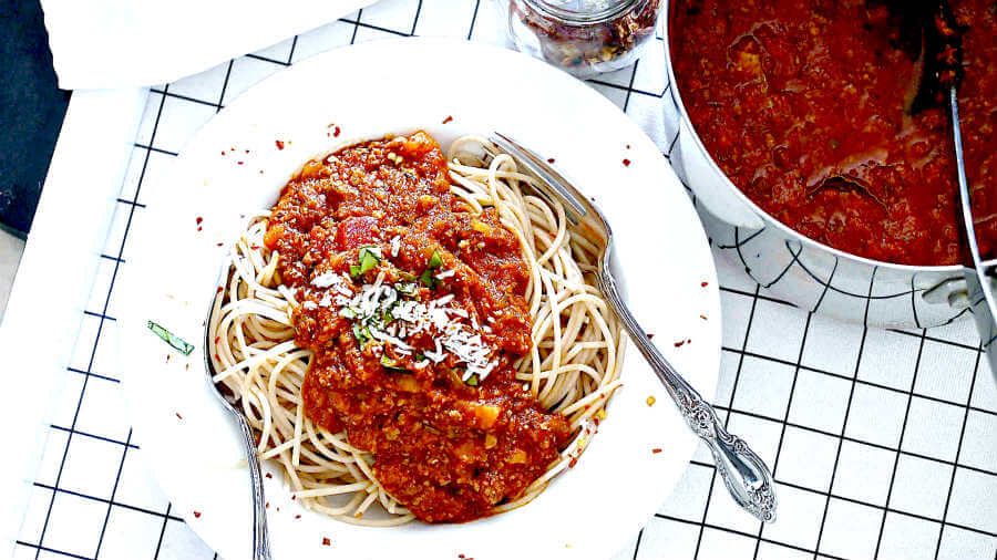 gluten-free spaghetti topped with bolognese sauce