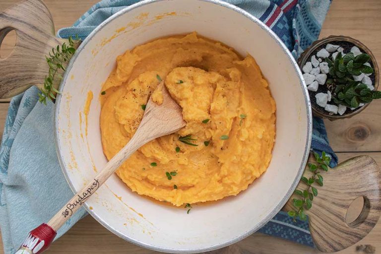 sweet potato and yam mash in a bowl, side for entertaining