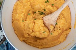 overview of yam and sweet potato mash in a pot, vegetarian recipe