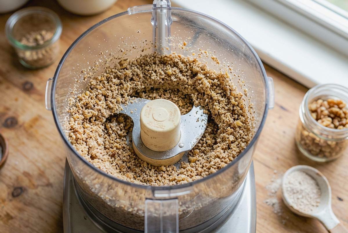 walnuts and buckwheat flour in a food processor showing the coarse grain texture