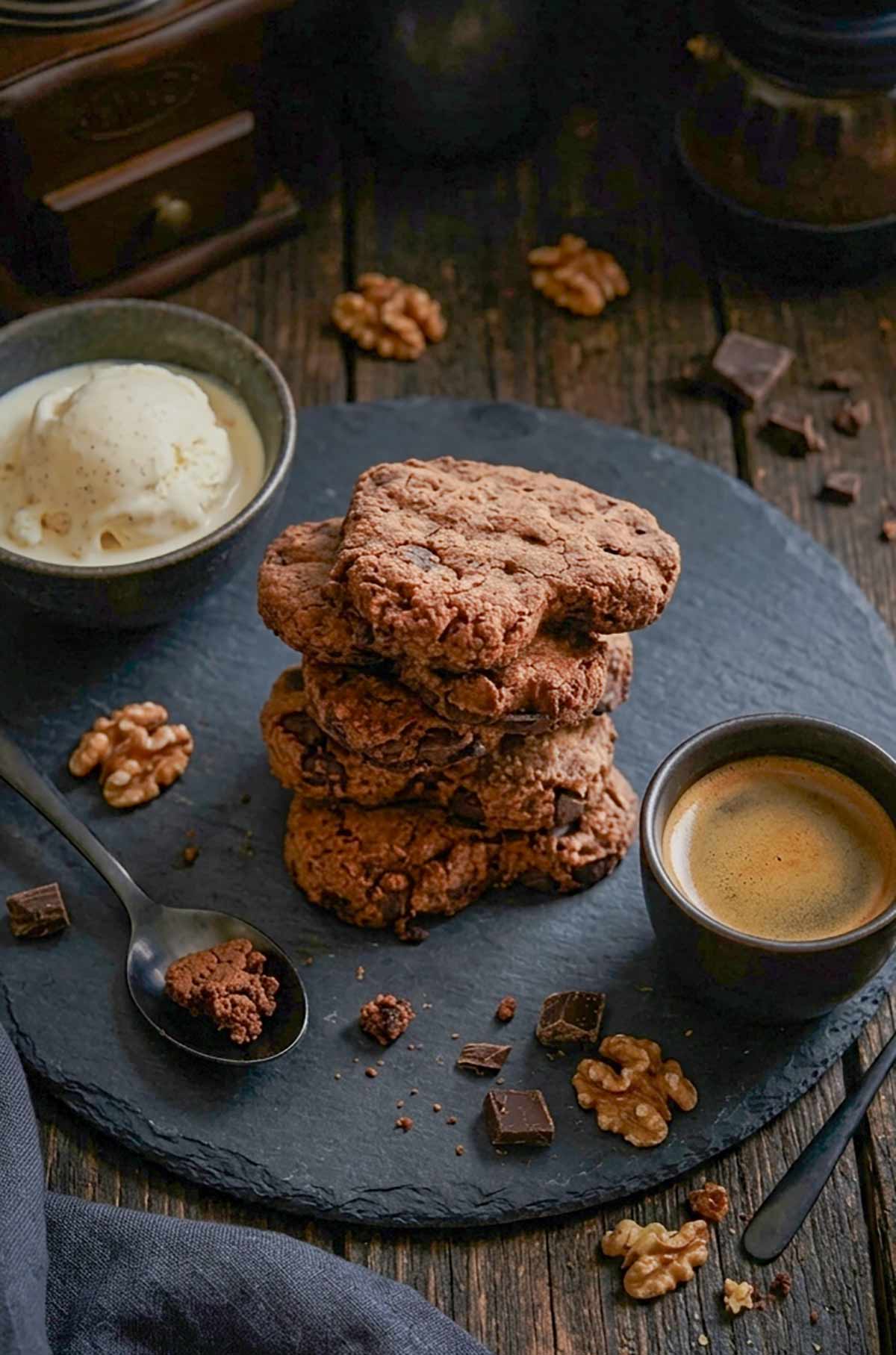 3 stacked Grain-Free Walnut Coconut Chocolate Cookies with a bowl of melted ice cream