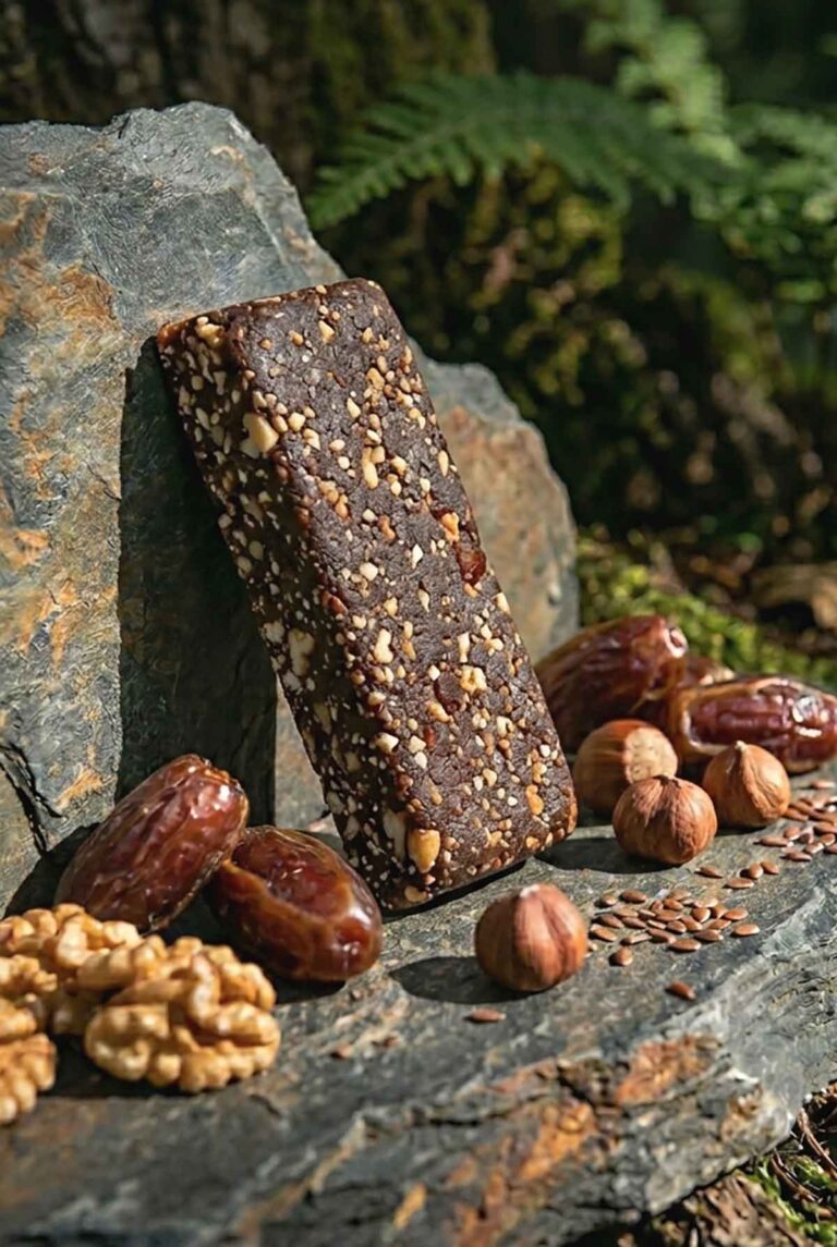 one raw energy bar with dates, nuts, seeds, cocoa, ginger and lemon with scattered nuts on the side