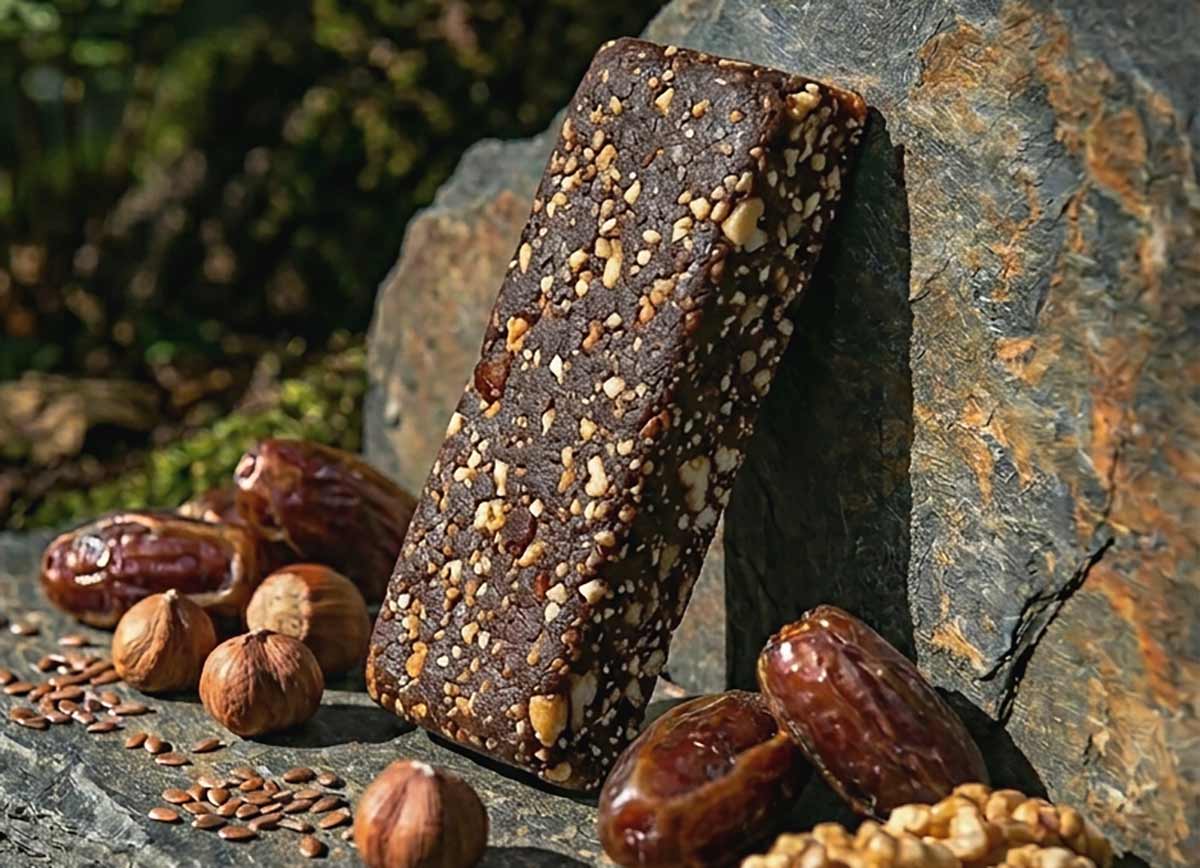 raw energy bar showing chopped nuts, and chocolate color leaning against a rock