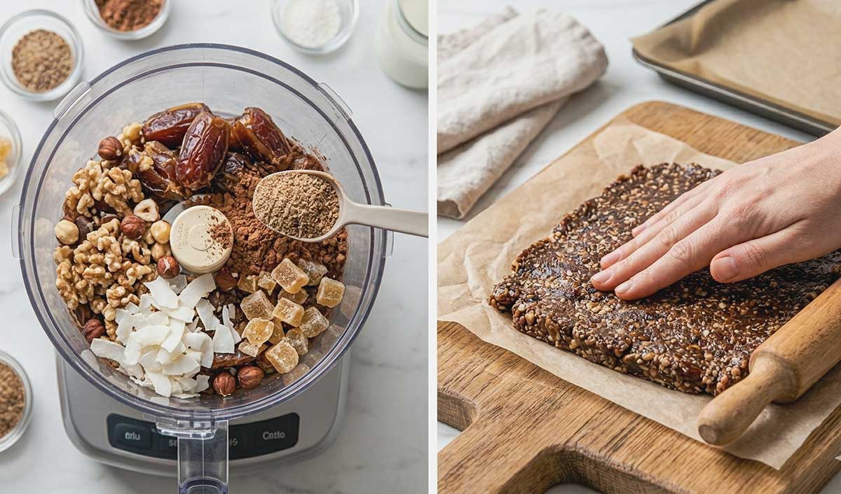 2 process shots making raw energy bars, 1 in food processor, and using a rolling pin to flatten it to an even thickness before chilling.