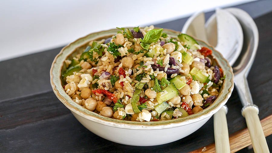 brown rice salad in a bowl, gluten free