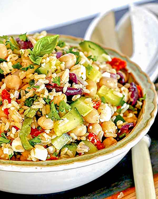 brown rice salad in a bowl