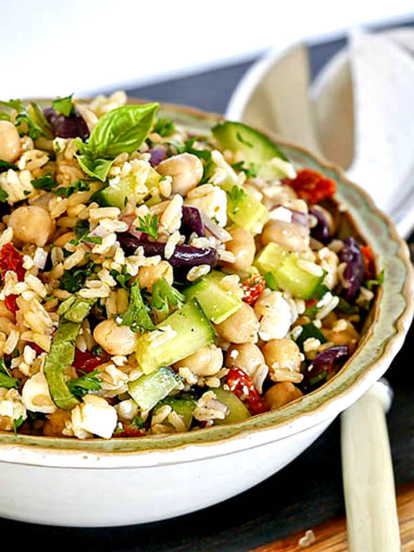 mediterranean brown rice salad in a bowl