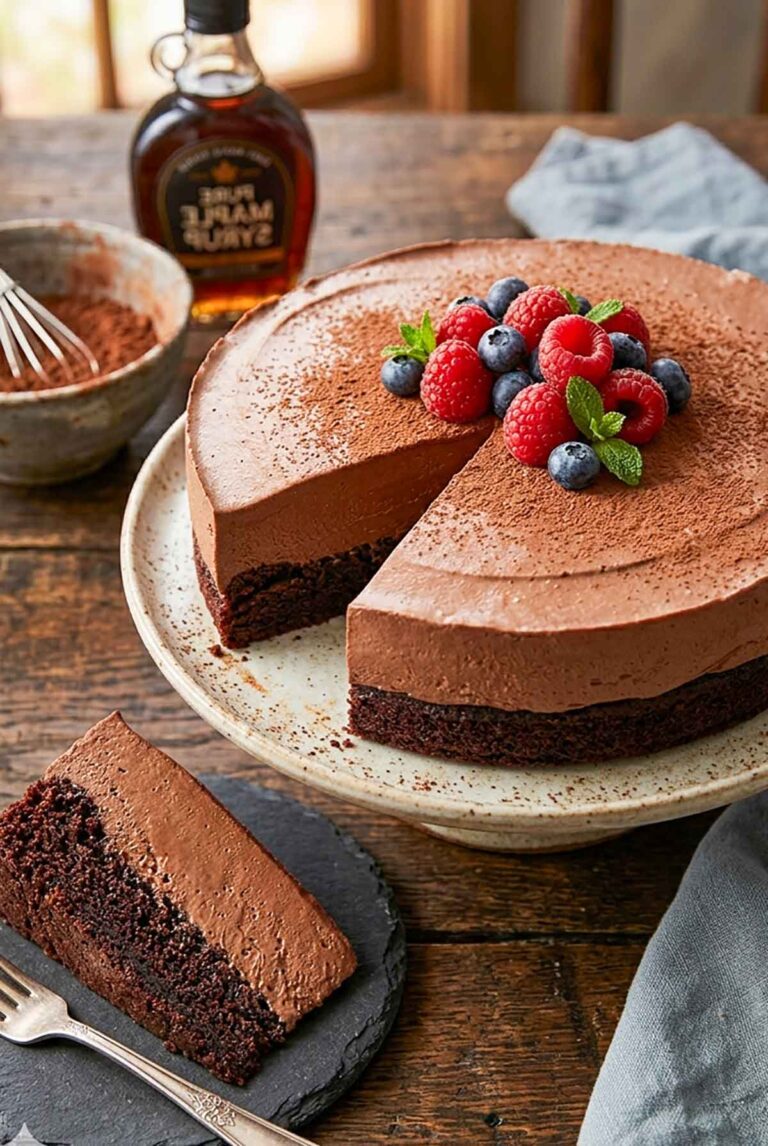 Sliced gluten-free chocolate mousse cake on a pedestal with fresh berries, maple syrup, and cocoa powder