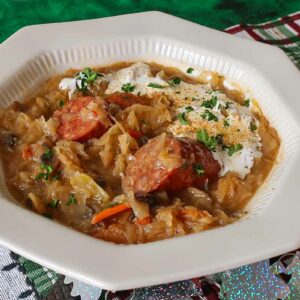 Hungarian-Style Sauerkraut Soup with Chorizo and Mushrooms