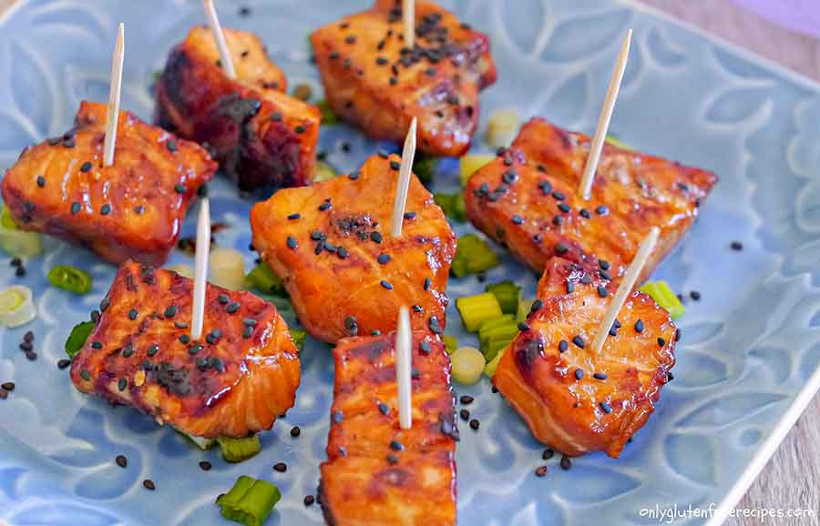 salmon suckers appetizers on a blue plate