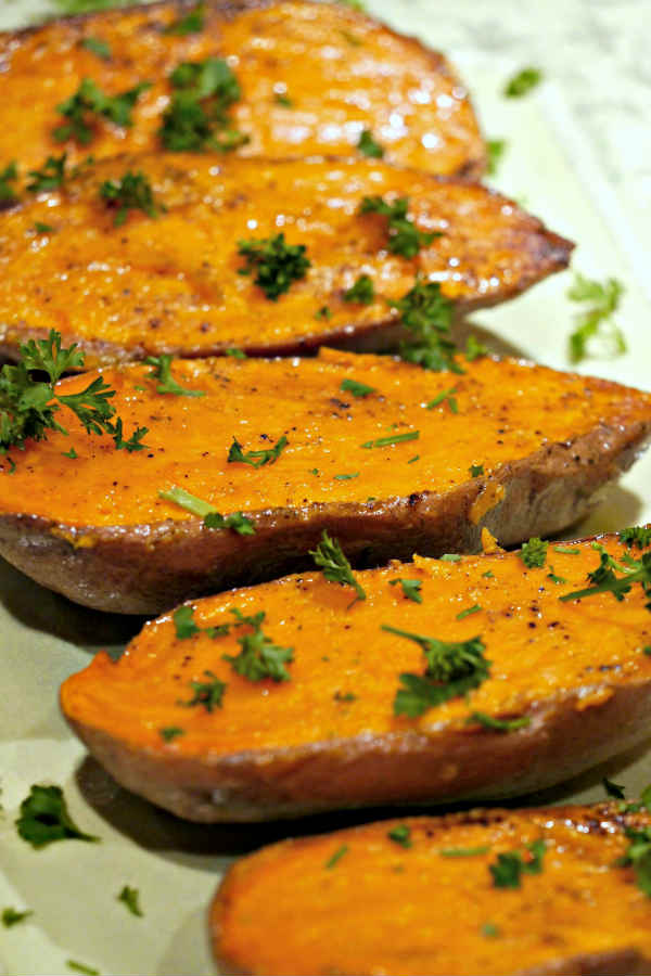 roasted sweet potato topped with parsley