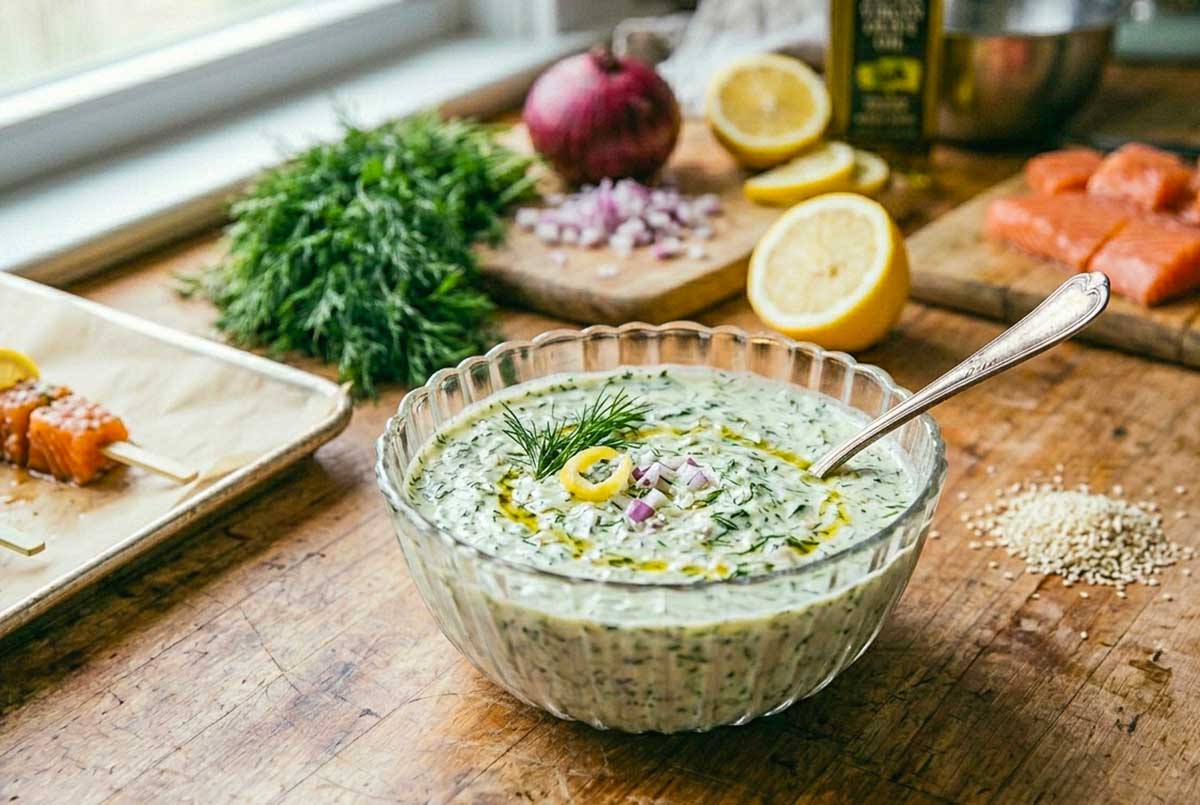 dill sauce in a small bowl with lemon, red onion, sesame oil, salmon cubes and fresh dill in the background