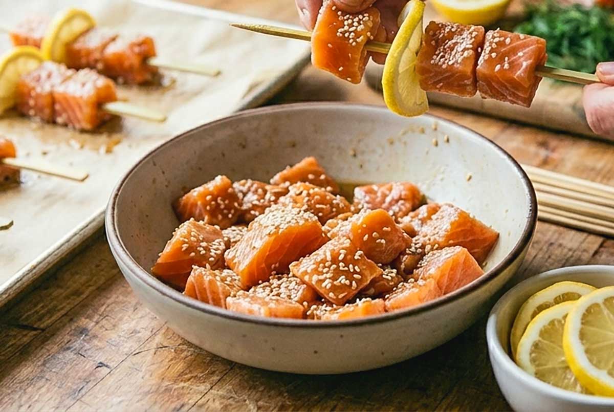 threading salmon cubes on a skewer with lemon slices soaked in oil an sesame seeds