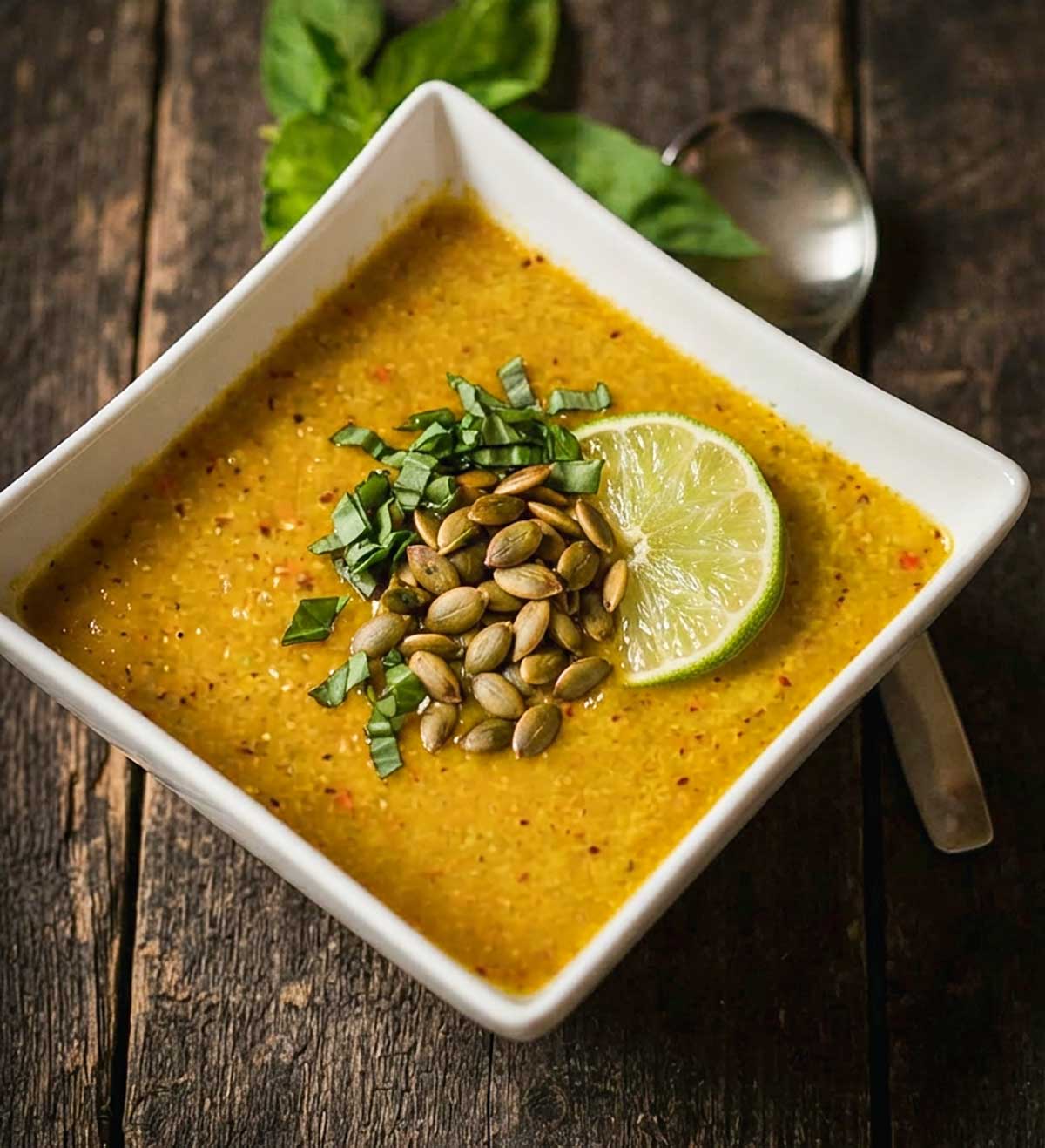 creamy curried zucchini soup with coconut milk in a bow topped with fresh basil, pumpkin seeds and a lime wedge