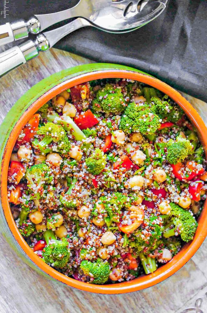broccoli and chickpea salad in a bowl