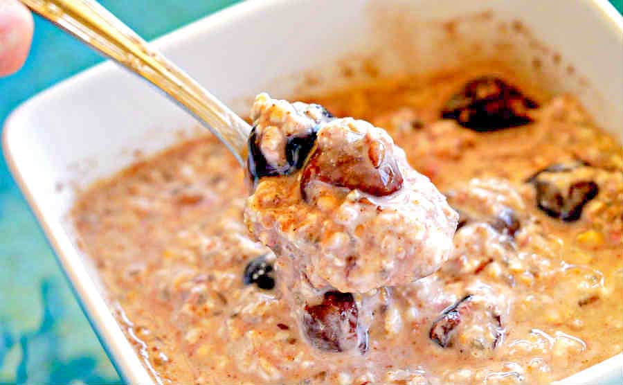 overnight oats with fruit and flax in a bowl