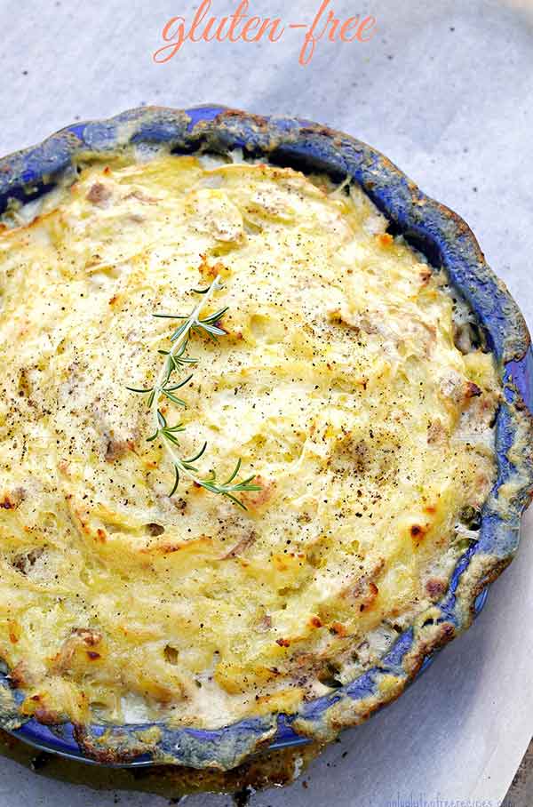 leftover mashed potato crust chicken pot pie in a pie dish