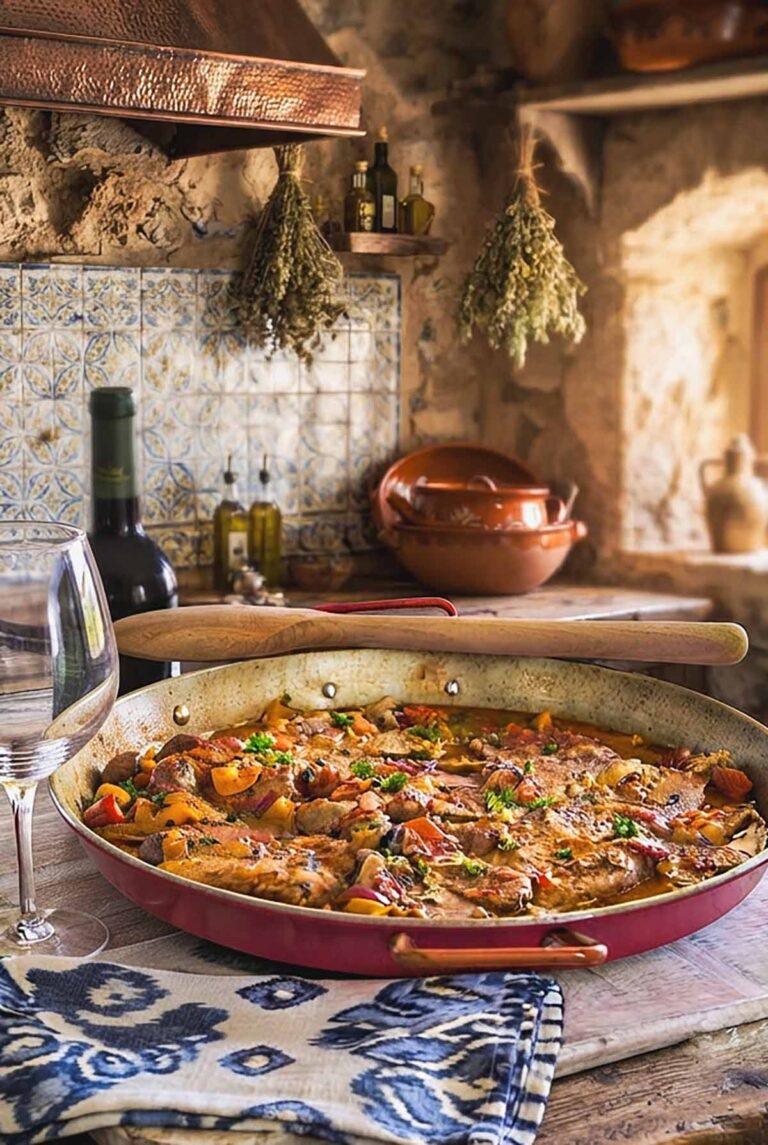 Gluten-Free A hearty Spanish pork and sausage casserole with tomatoes & bell peppers served in a shallow red pan