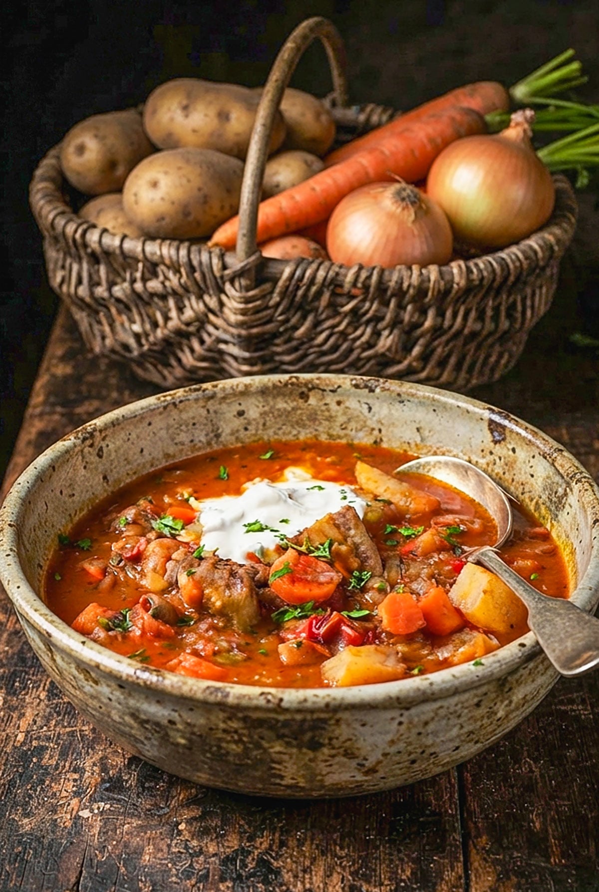 Authentic goulash in a bowl with a spoon and a basked with potatoes, carrots and onions in the background