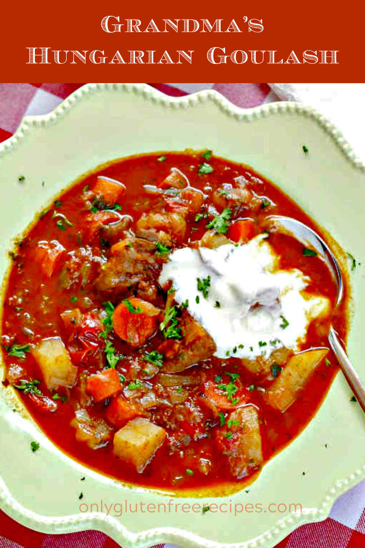 Authentic Hungarian Goulash with tender beef and veggies in a thick light tomato broth