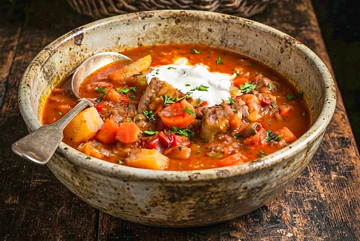 Authentic Hungarian Goulash (Gulyás) in a bowl topped with sour cream