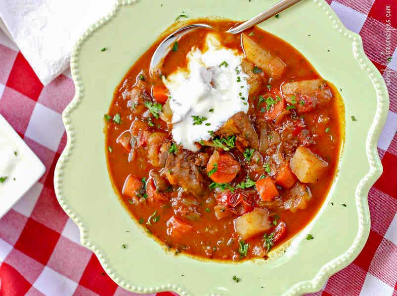 Hungarian goulash topped with sour cream
