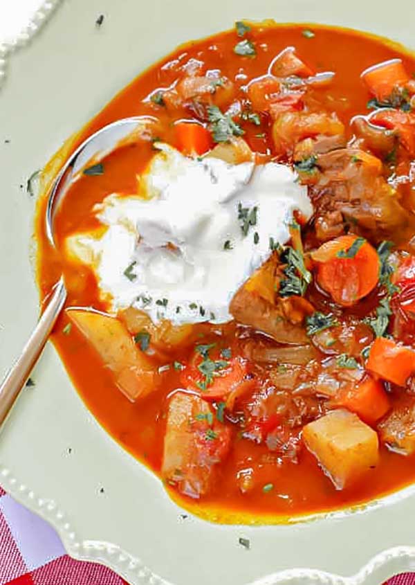 Hungarian goulash in a soup bowl topped with sour cream and herbs