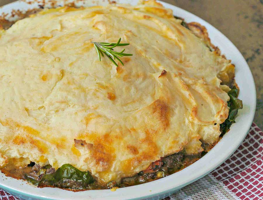 baked gluten-free cottage pie in a pie dish 