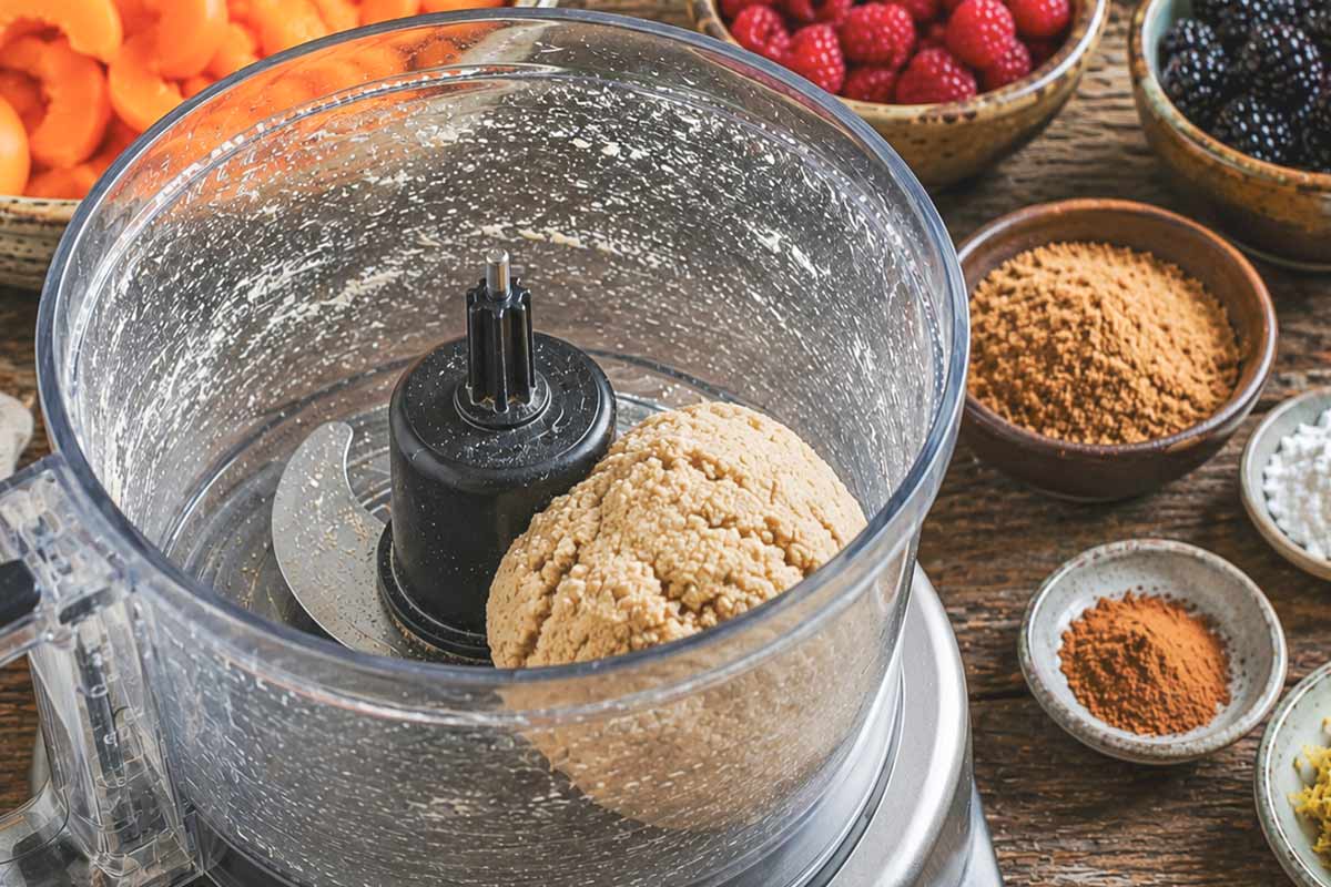 dough made from almond flour in a food processor and fruit, coconut sugar, cinnamon and tapioca starch in bowls