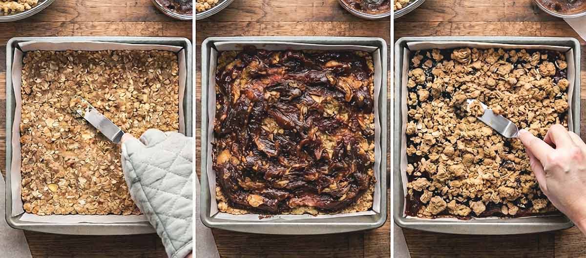 Step-by-Step Assembly of Date-Oat Crumble Bars, first layer of coat crumble pressed into a pan, layer of date mixture and topped with remaining oat crumble
