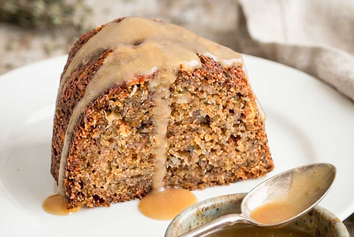 Gluten-Free Walnut Coffee Bundt Cake with Cinnamon Swirl drizzled with vanilla glaze