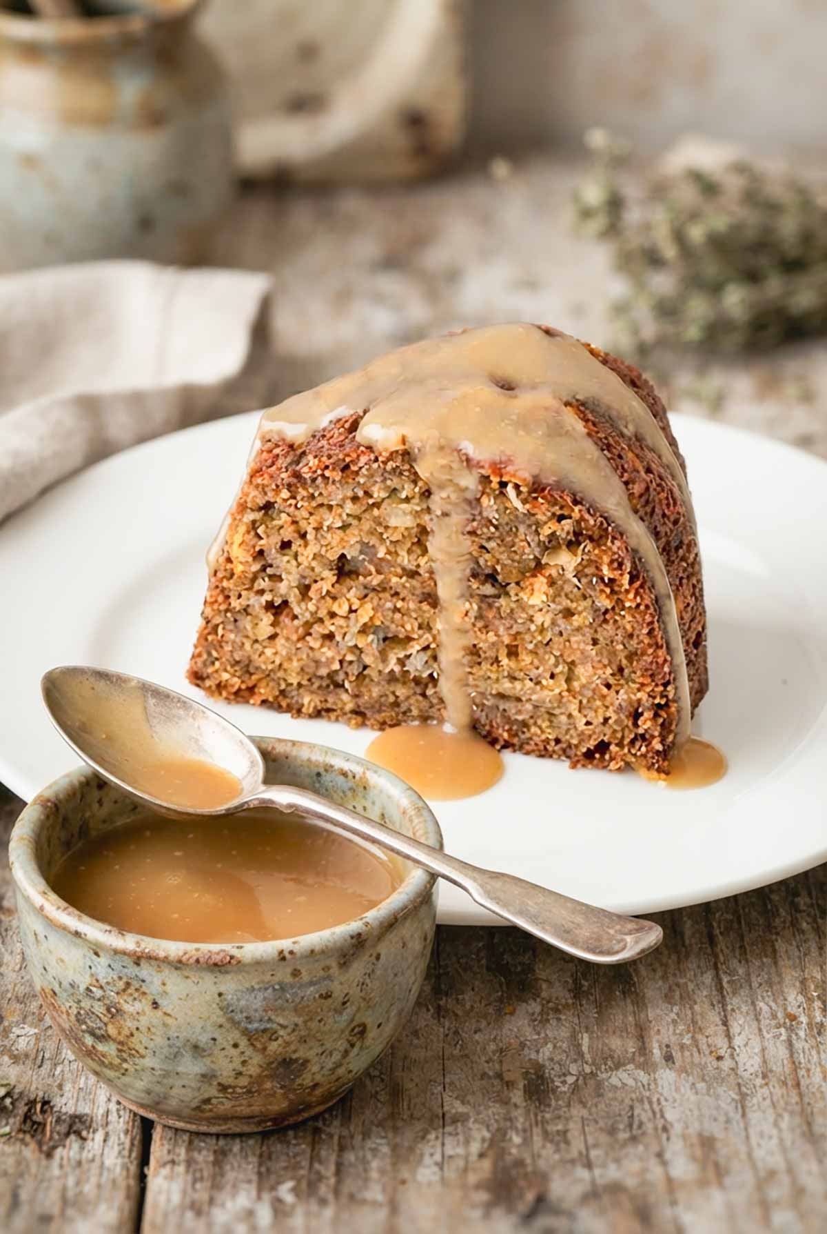 slice of Gluten-Free Coffee Bundt Cake with walnut Cinnamon Swirl topped with vanilla glaze