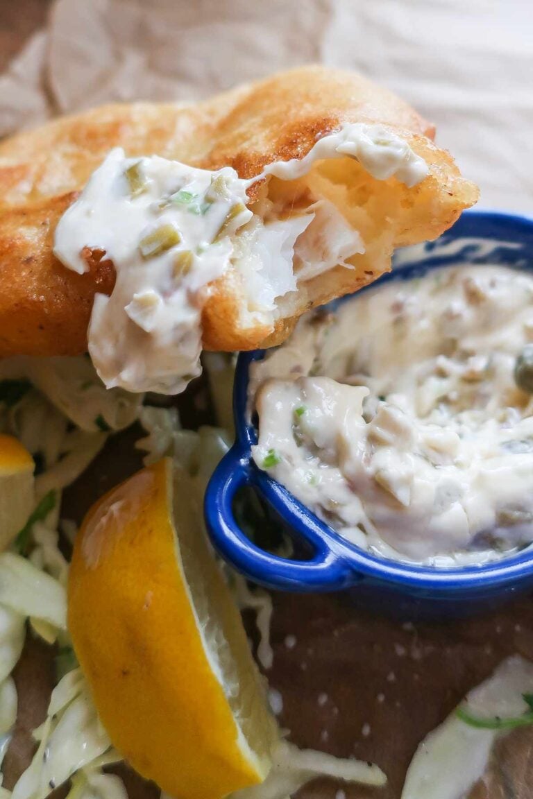 fried fish dipped in tartar sauce