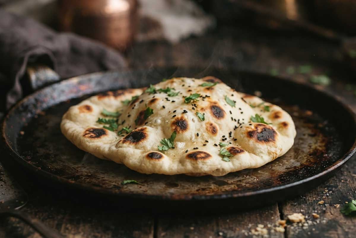 one Gluten-Free Yeast-Free Naan cooking puffed up on a cast iron skillet