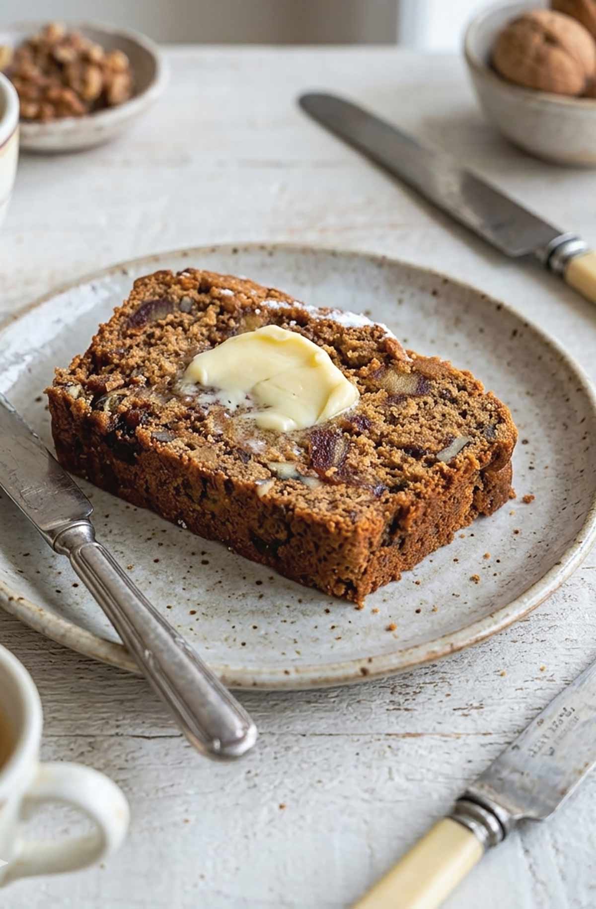 one slice of gluten free walnut date loaf topped with creamy butter on a small plate