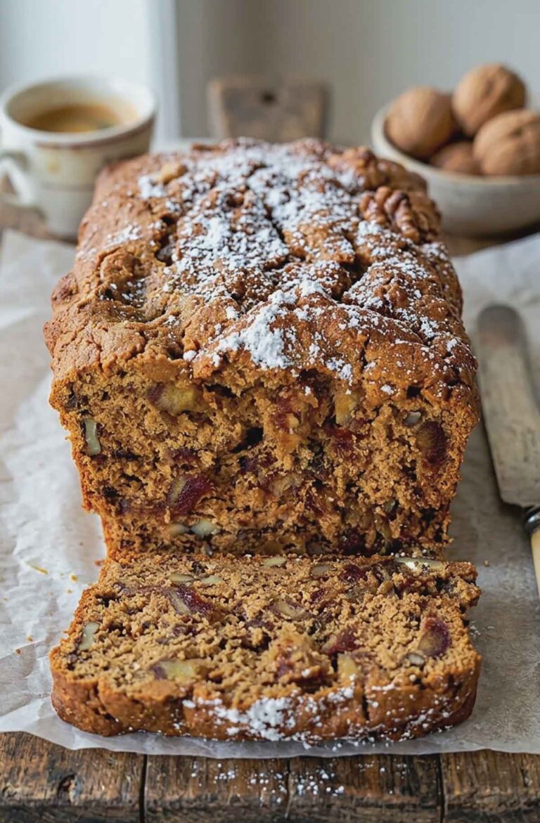 Gluten-Free Walnut Date Loaf sliced showing the moist crumb packed with walnuts and fruit