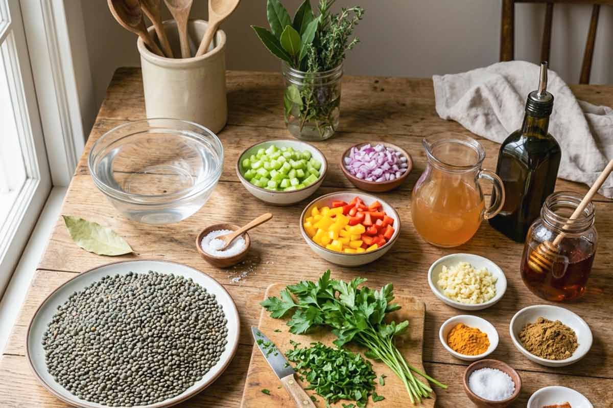 key ingredients for lentil salad in bowls, French lentils, celery, bell peppers, parsley, spices, garlic, apple cider vinegar and olive oil