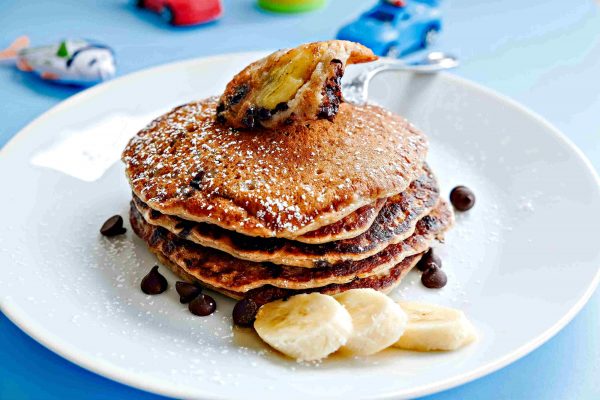 gluten free chocolate banana pancakes on a plate