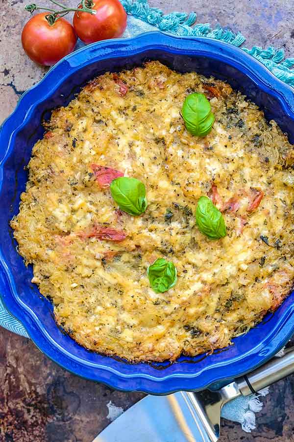 top view of spaghetti squash in a pie dish