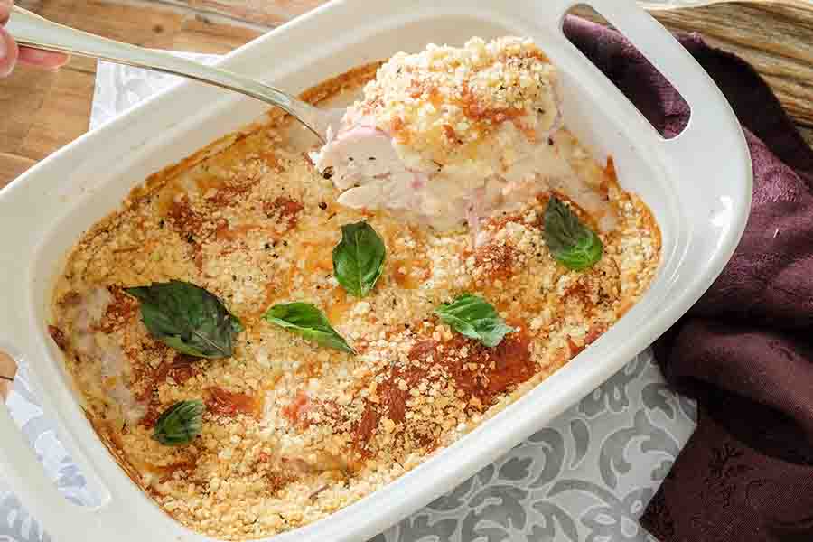 chicken Cordon Bleu in a casserole dish