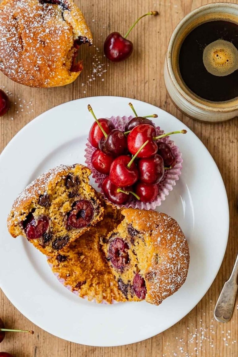 gluten free and dairy free cherry chocolate chip muffin on a dessert plate