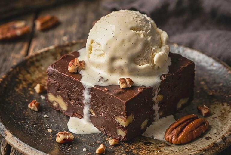 Gluten-Free 4-Ingredient Chocolate Fudge (Easy & No-Bake) on a rustic plate topped with melted vanilla ice cream