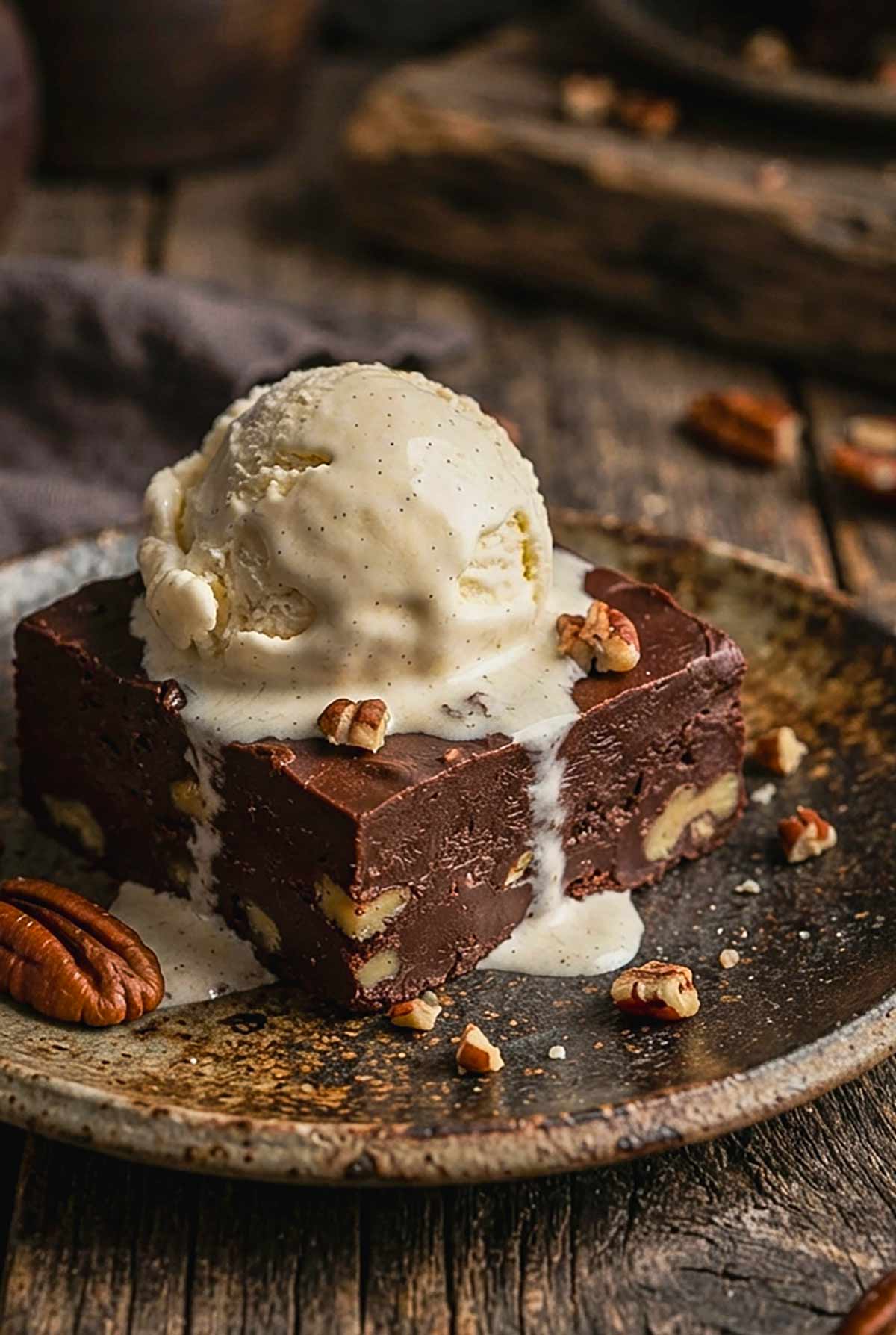 Easy No Bake A square of Gluten-Free 4-Ingredient Chocolate Fudge on a plate with ice cream