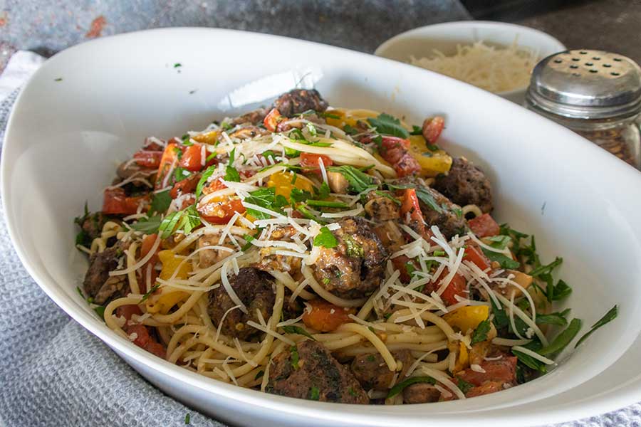 spaghetti and meatballs in a bowl