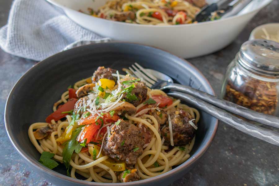 sheet pan spaghetti in a bowl