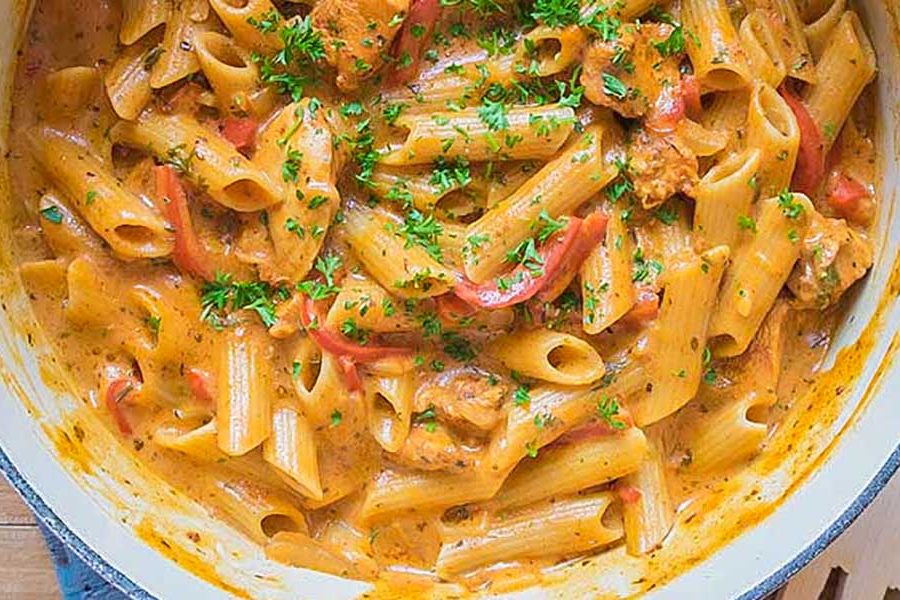overview of chicken paprikash penne in a pot, gluten free
